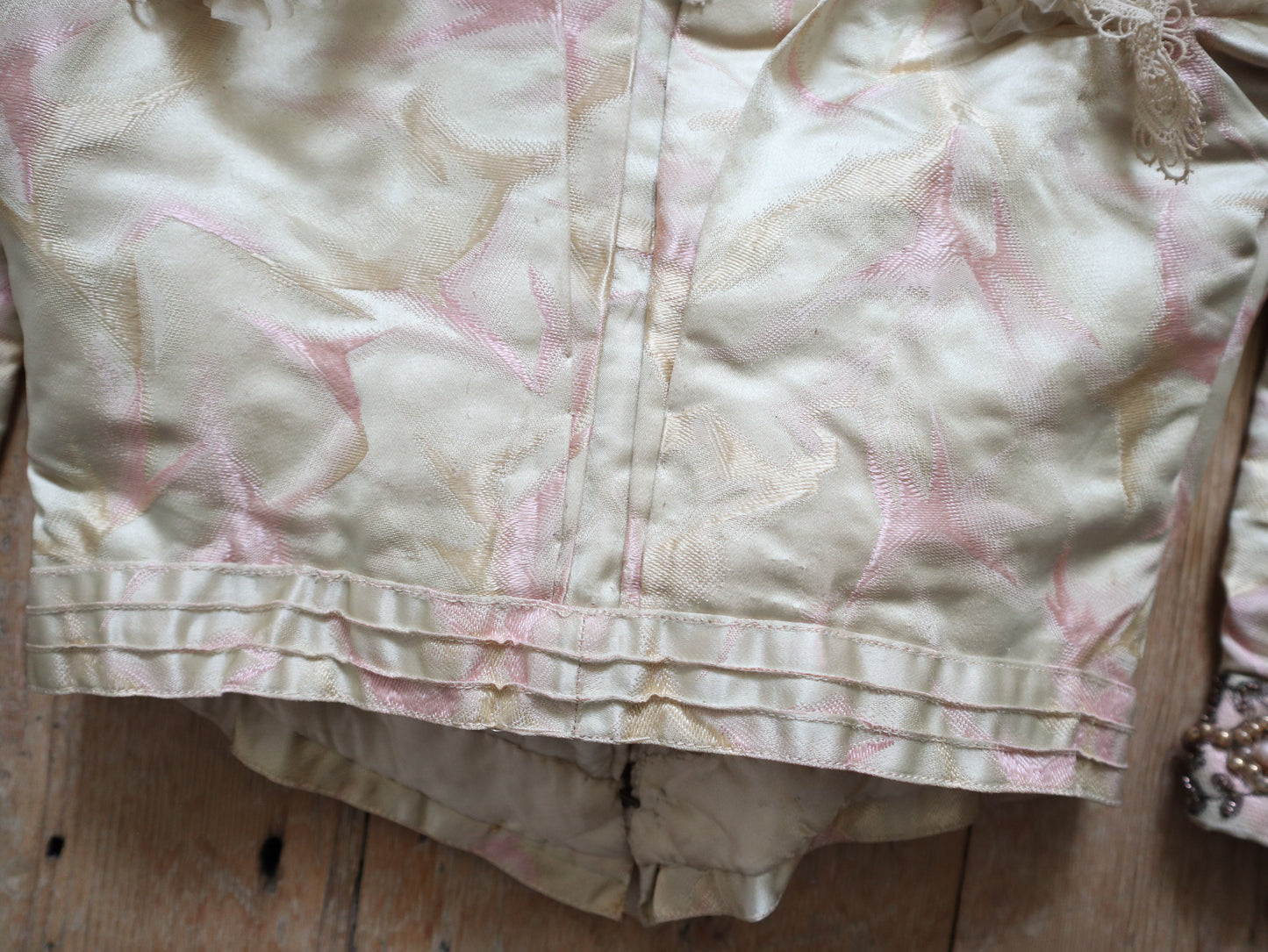 Antique French Silk Bodice Pink Cream Silk Lace Chiffon 1900 Boned