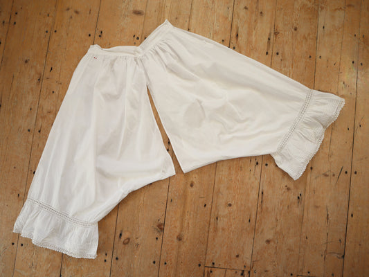 Antique French Bloomers White Cotton Edwardian Crochet Lace Trim Pleats Long early 1900s