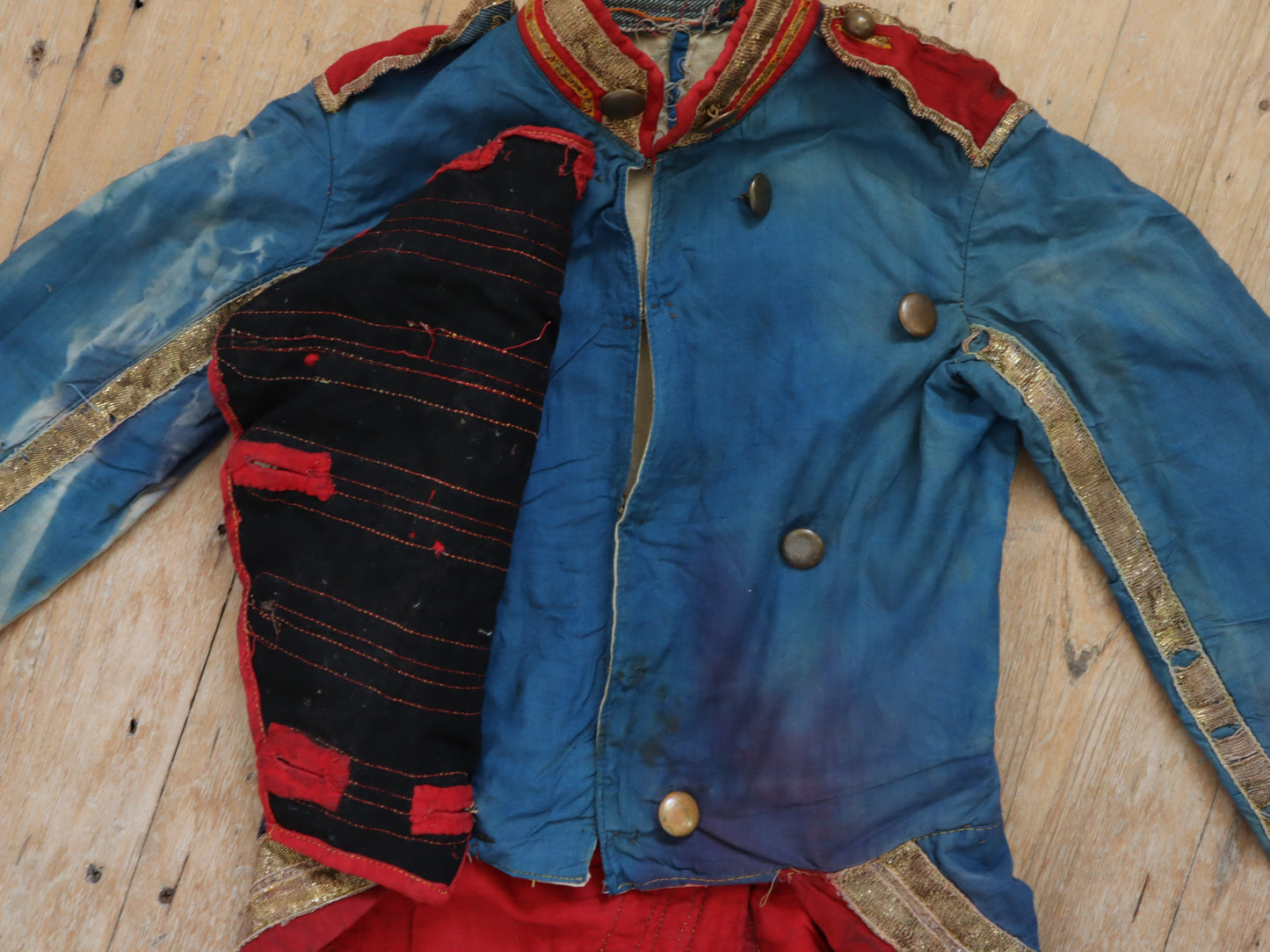 Antique French Theatre Costume 19th Century Military Style Indigo Blue Red Sun Fade Gold Ribbon Trim