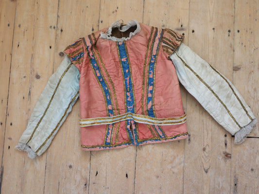 Antique French Theatre Costume Tunic Top 19th Century Renaissance Style Pink Blue Gold Child’s