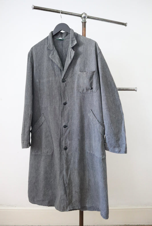 1950s French Grey Workwear Duster Jacket Coat Cotton Chore Sanfor