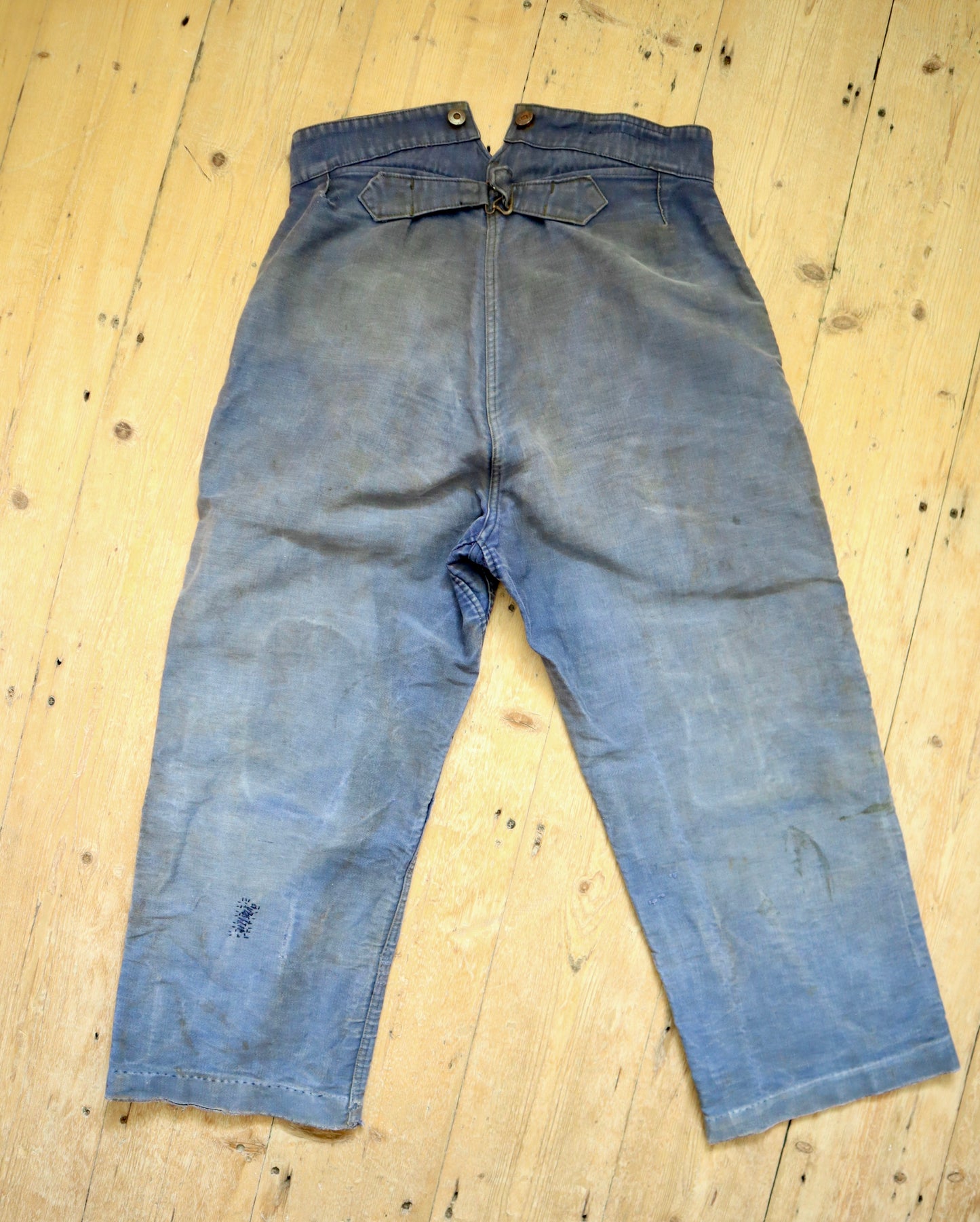 1950s French Le Salvetal Blue Moleskin Workwear Trousers Pants Repairs Darned Patched High Waist