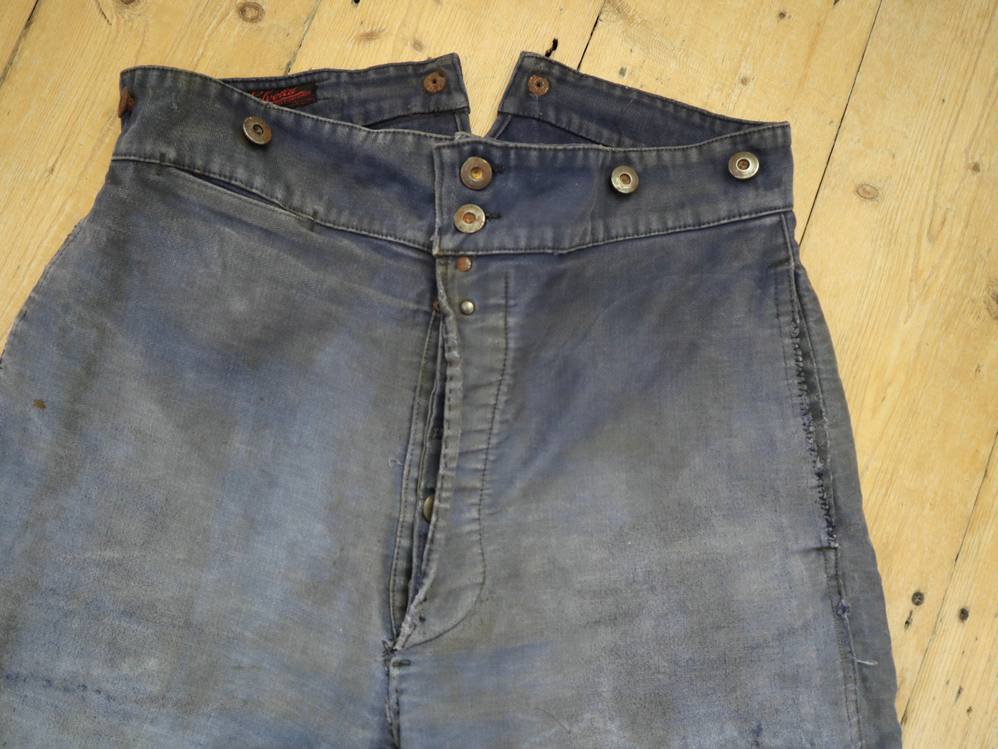 1950s French Le Salvetal Blue Moleskin Workwear Trousers Pants Repairs Darned Patched High Waist