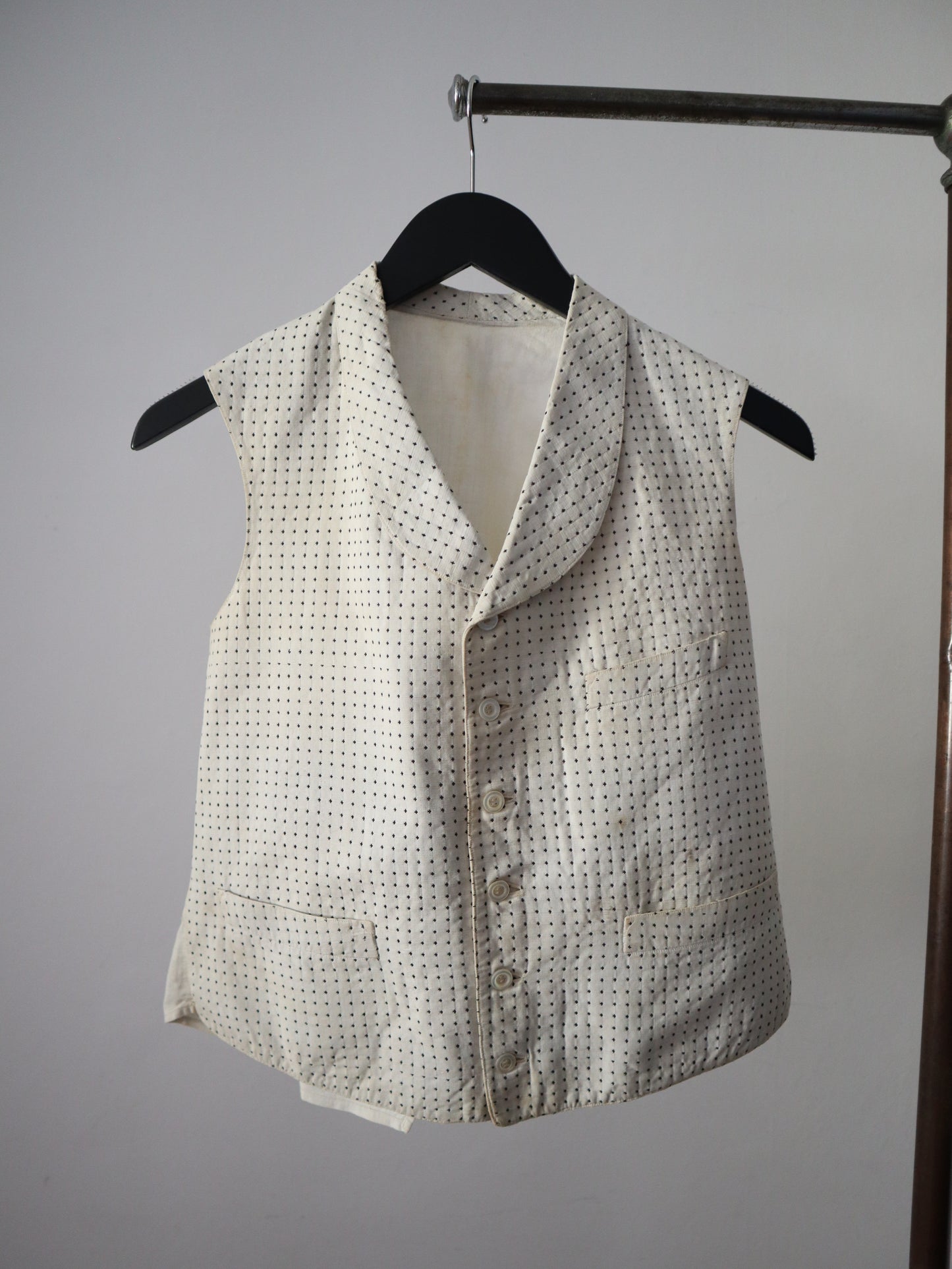 Antique French Cotton Waistcoat White Black Woven Cross Detail