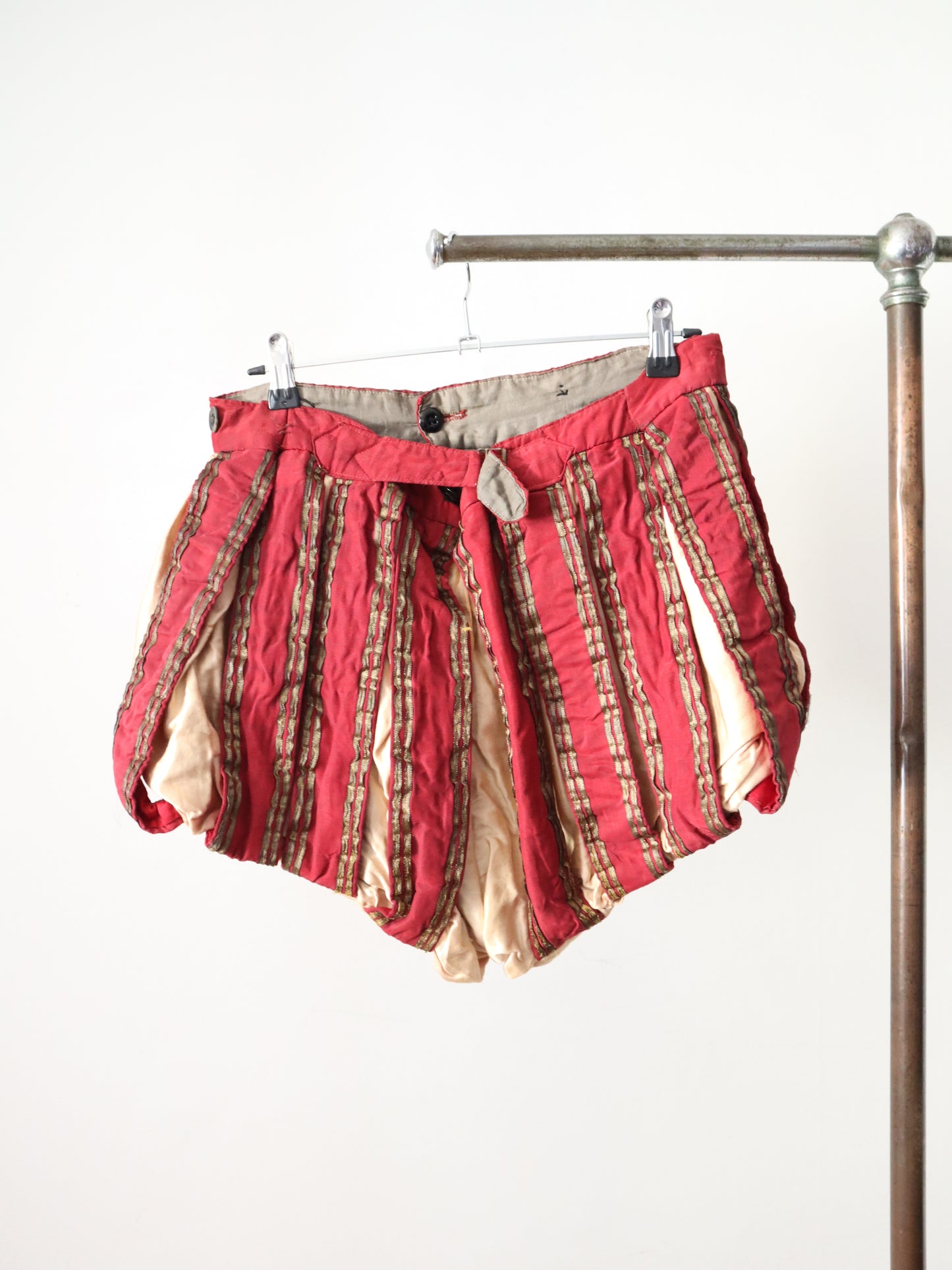 Antique French Renaissance style hose shorts, opera Theatre costume Magenta Silk Gold Metal Ribbon Trim Early 1900s