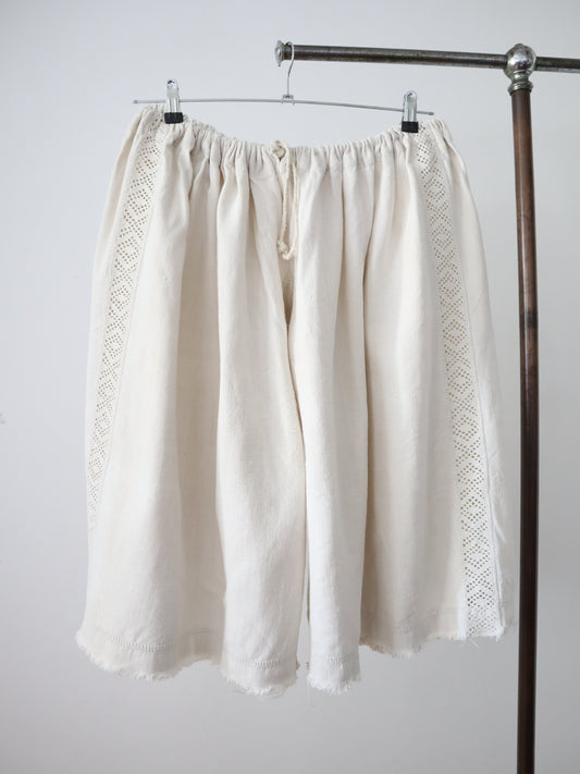 C.1930s Transylvanian Linen Folk Trousers Crochet Inserts Pants Cropped Wide