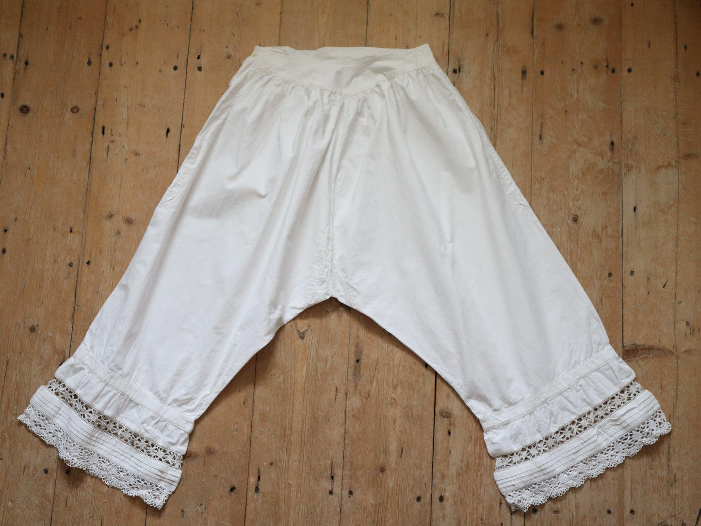 Antique French White Cotton Bloomers Knickers Shorts Crochet Long Early 1900s