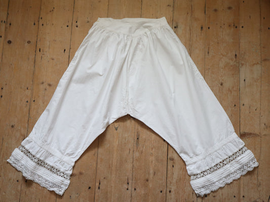 Antique French White Cotton Bloomers Knickers Shorts Crochet Long Early 1900s