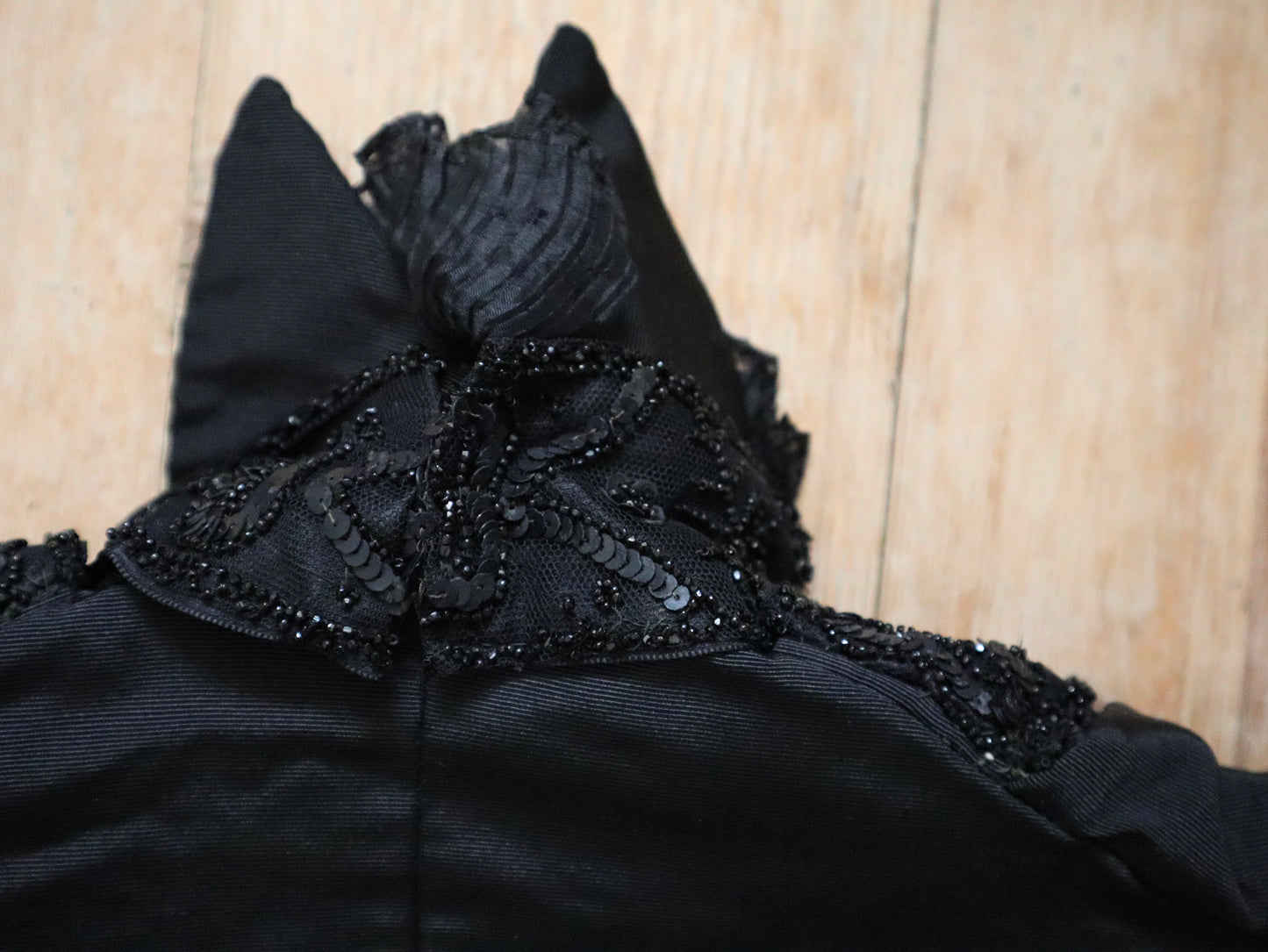 Antique 1900 French Black Silk Boned Bodice Grosgrain Beaded Sequins Chiffon