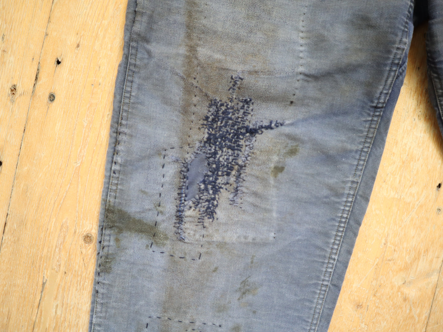 1950s French Le Salvetal Blue Moleskin Workwear Trousers Pants Repairs Darned Patched High Waist