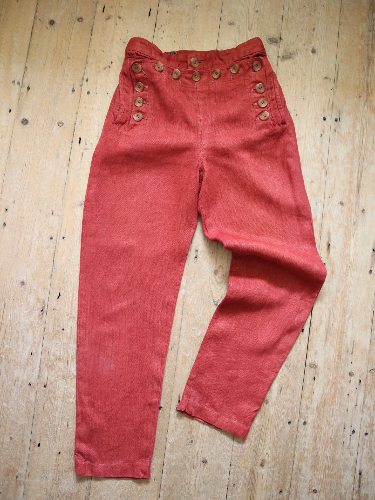 Red Herringbone Cotton Trousers Pants Flap Front Sailor Style Opera Costume