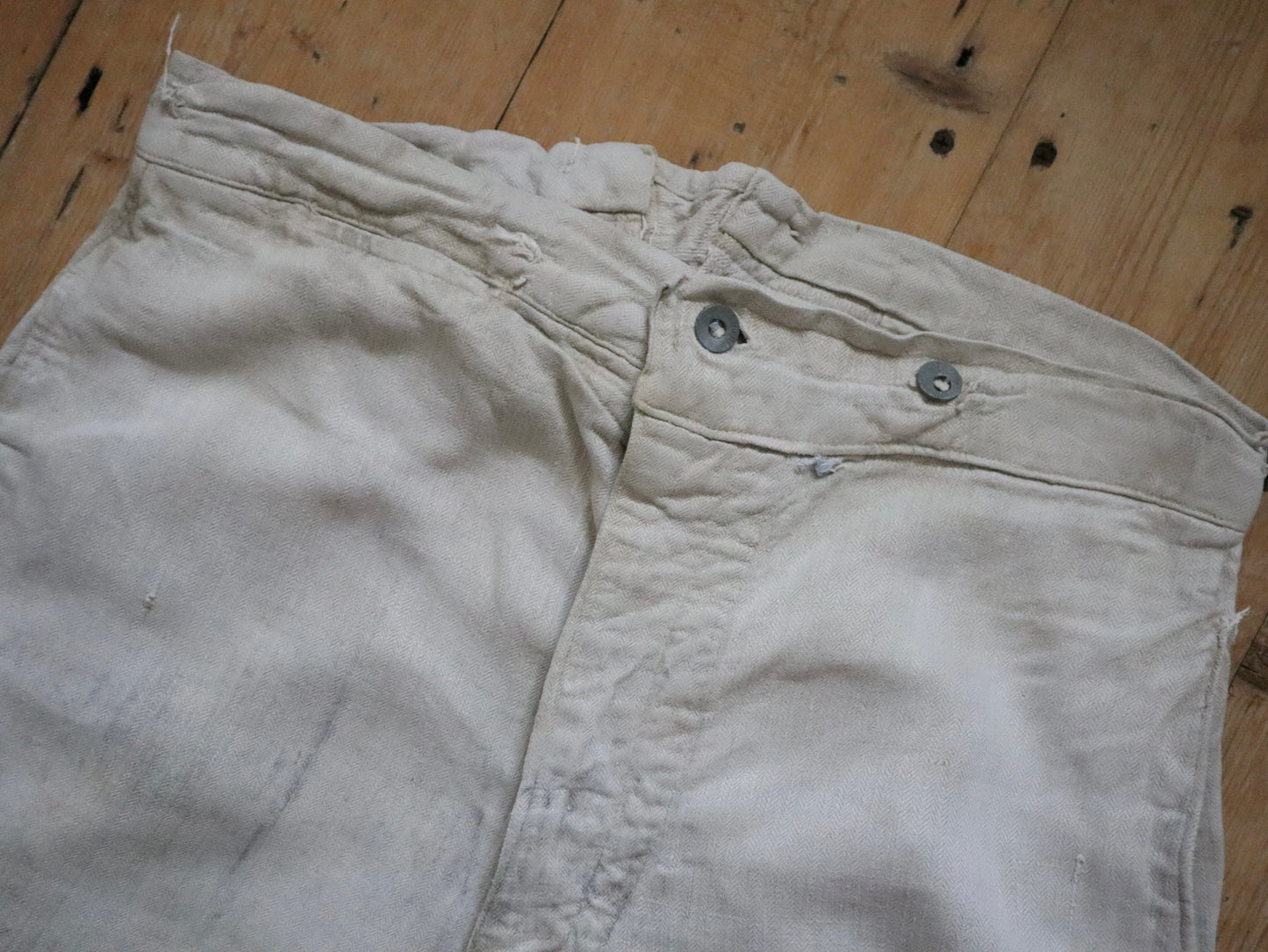 1920s French Herringbone Putty Linen Military Issue Trousers Pants Cinch Back