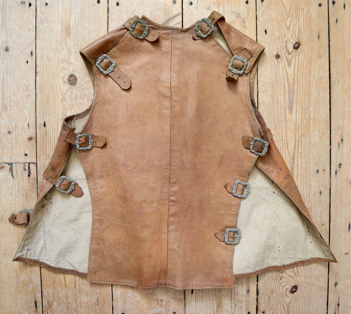 1910s French Tan Leather Gilet Tunic Buckles Patina Opera Theatre Costume BARABINO