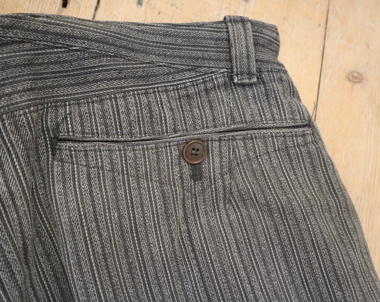 1940s French Workwear Trousers Grey Stripe Salt Pepper Cotton Chore Pants Repairs Darned