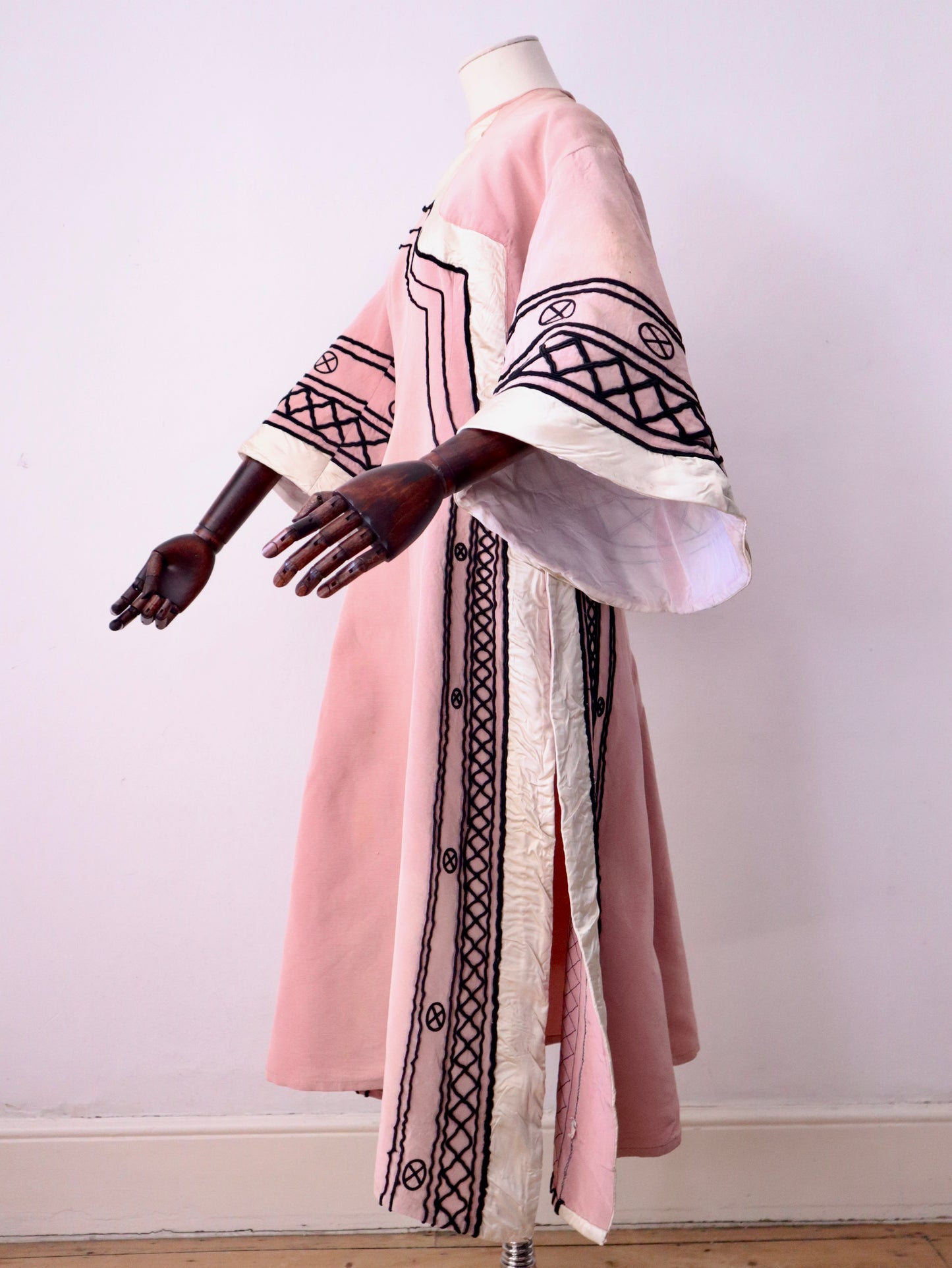 1930s -40s French Opera Tunic Dress by Henri Lebrun – Pink Grosgrain with Black Soutache Trim – Vintage Theatrical Costume