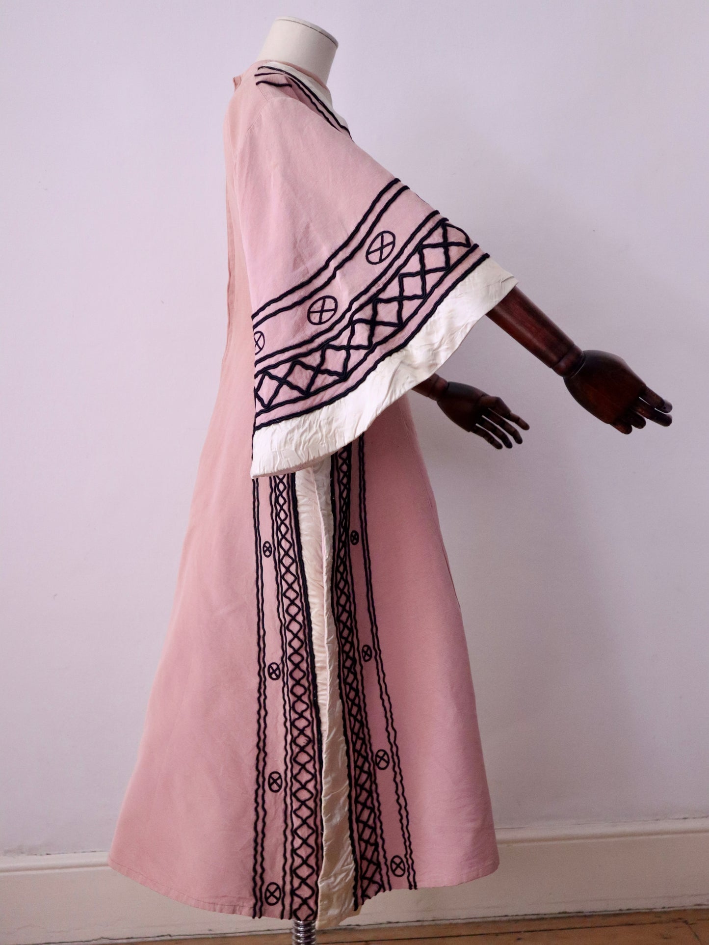 1930s -40s French Opera Tunic Dress by Henri Lebrun – Pink Grosgrain with Black Soutache Trim – Vintage Theatrical Costume