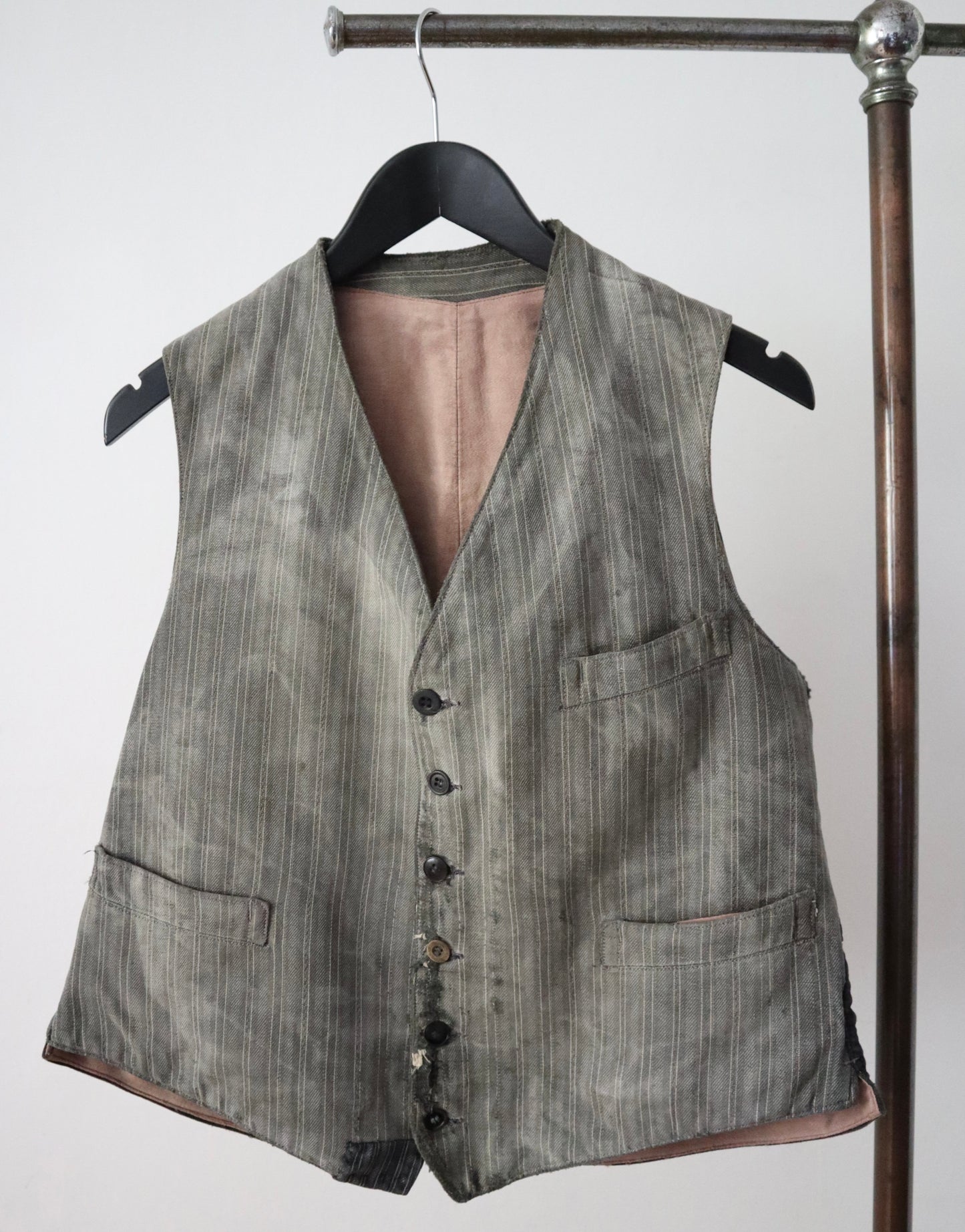 1940s French Le Mont St Michel Grey Stripe Workwear Vest Waistcoat Chore Patched Repaired