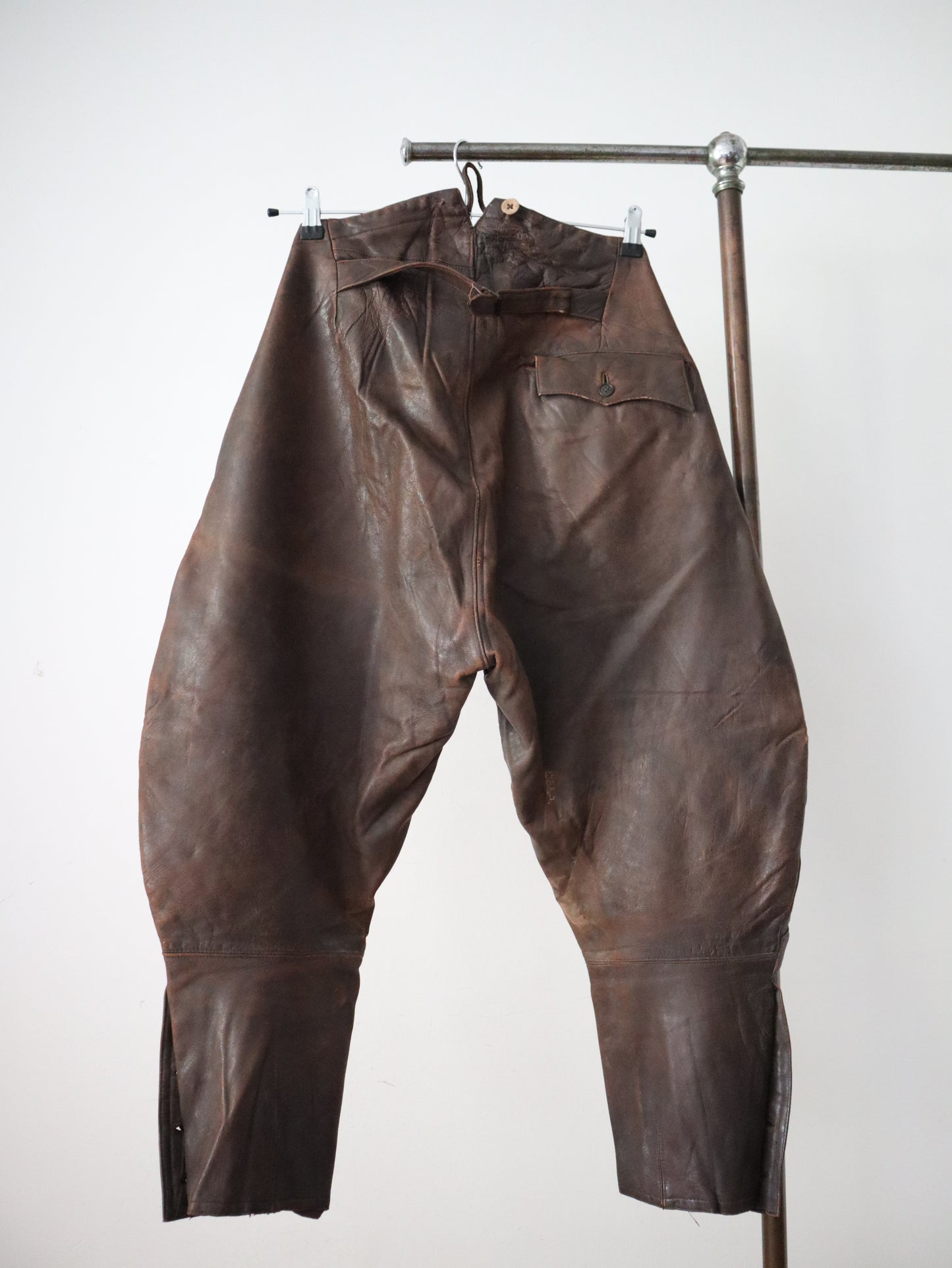 1920s - 30s French Brown Leather Breeches Pilot Trousers Pants High Waist Button Calves