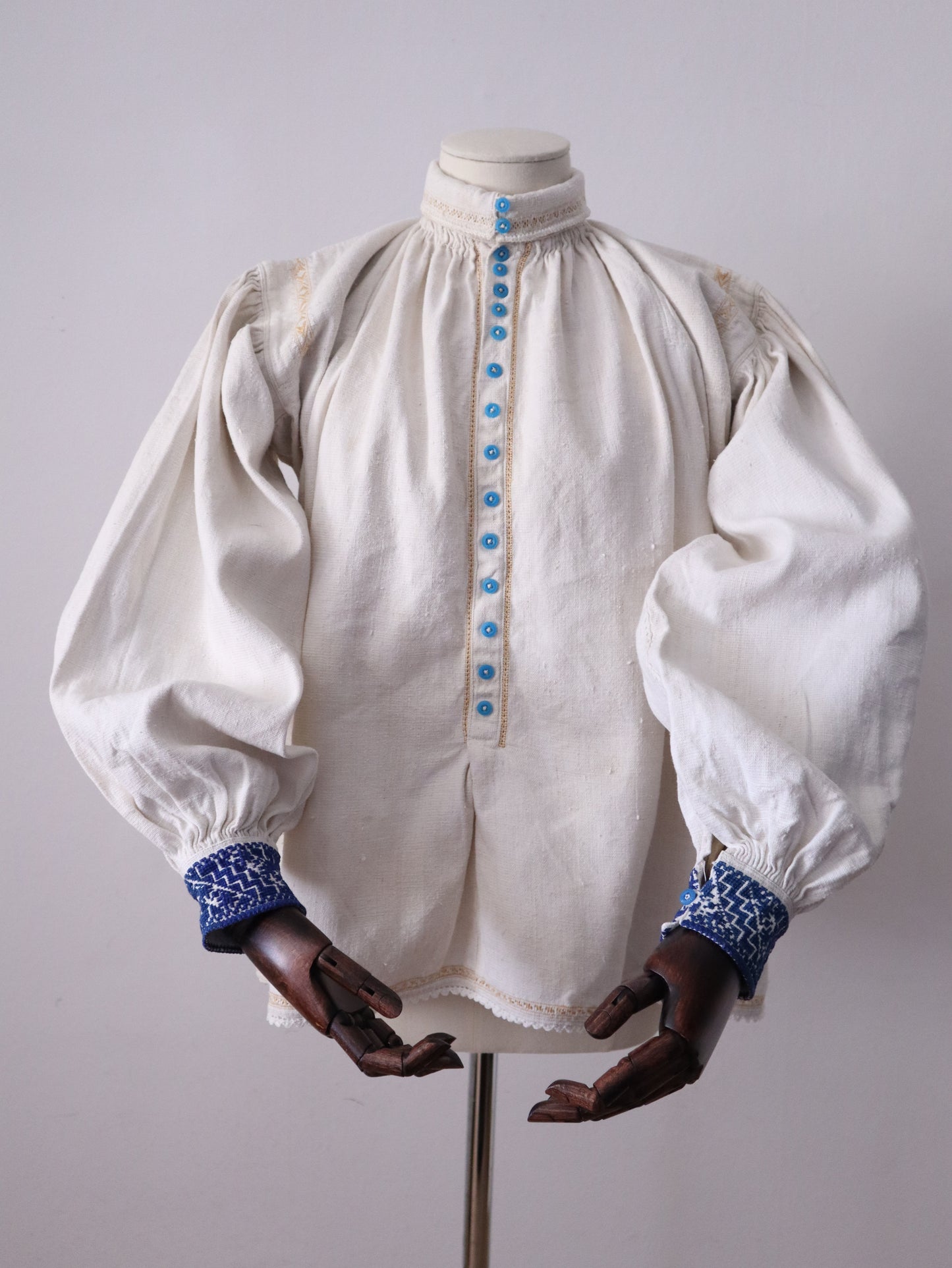 1930s Transylvanian Folk Blouse Shirt Hand Woven Pleats Blue Glass Buttons Embroidery Traditional Romanian Linen Eastern European