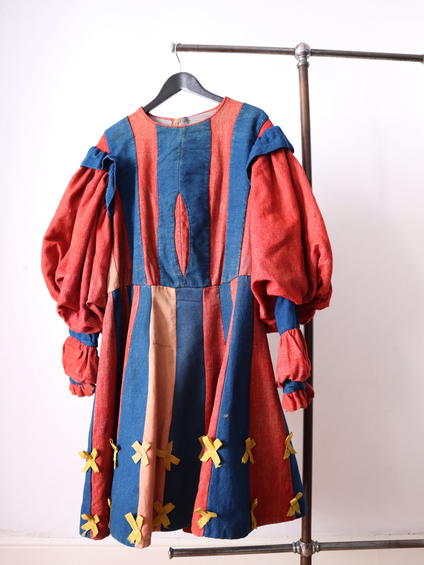 Antique French Theatre Costume Tunic Dress Renaissance Medieval Style Red Blue Stripes Yellow Bows Rare