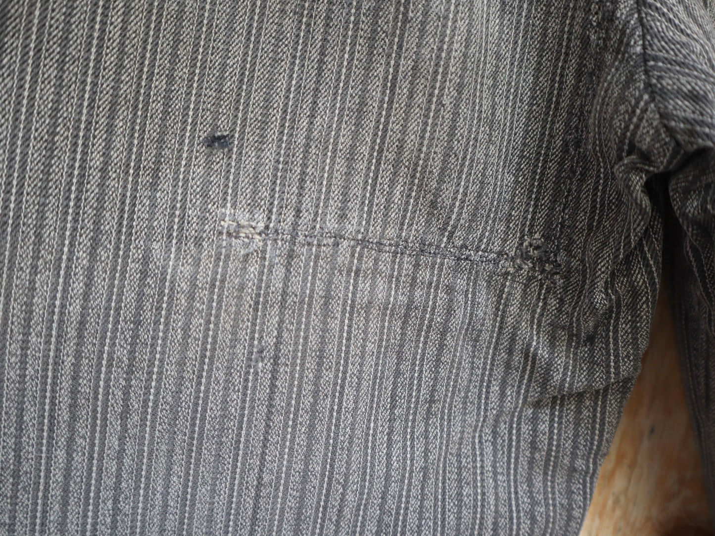 1940s French Workwear Trousers Grey Stripe Salt Pepper Cotton Chore Pants Repairs Darned