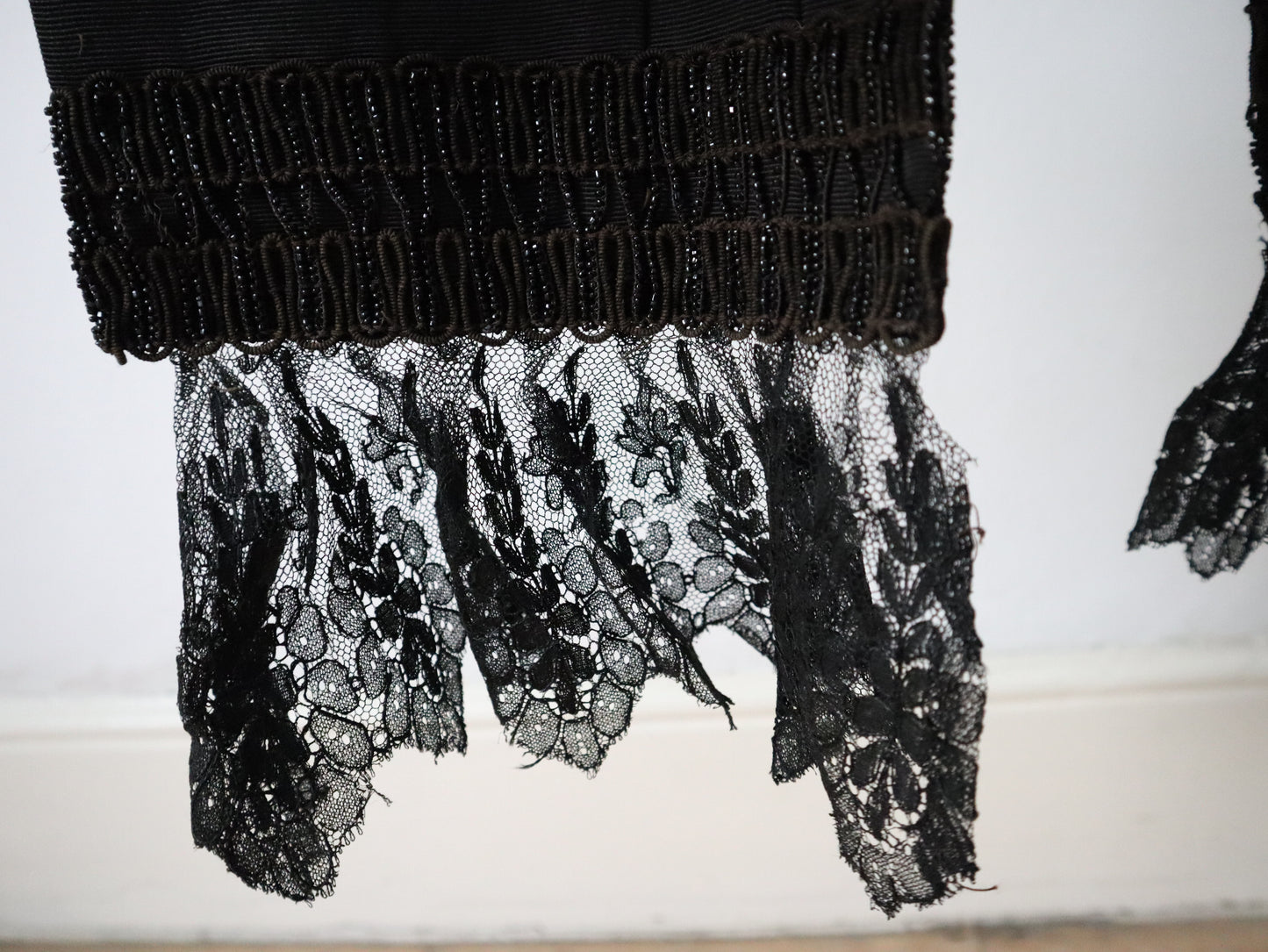 Antique 1900s French Mantle Cape Grosgrain Beading Silk Black Lace