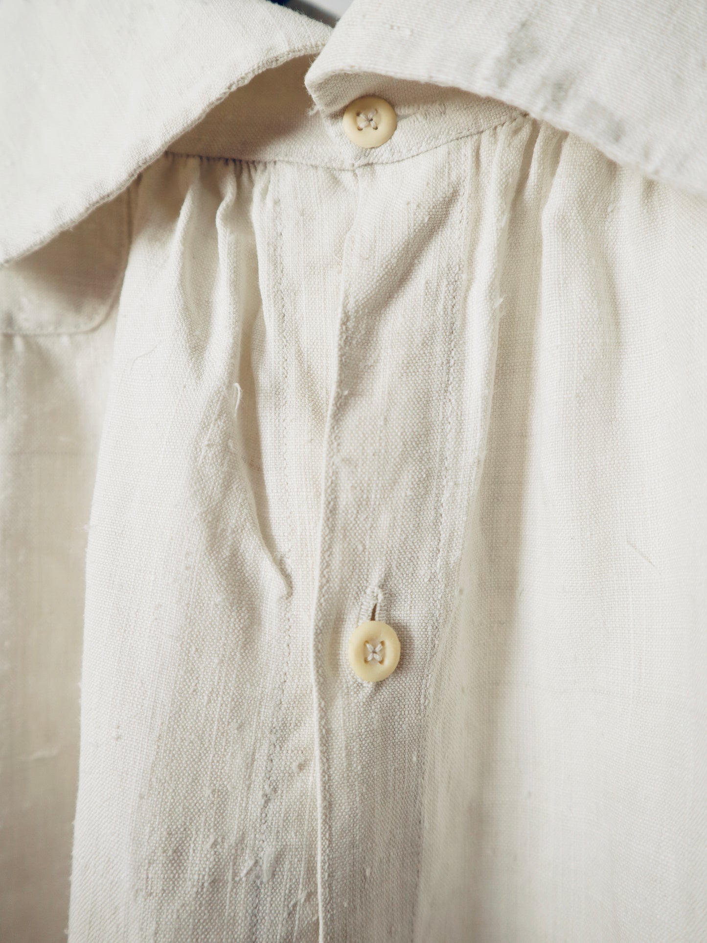 Antique 19th Century French Linen Smock Shirt Long Drop Shoulders Wide Collar Bone Buttons