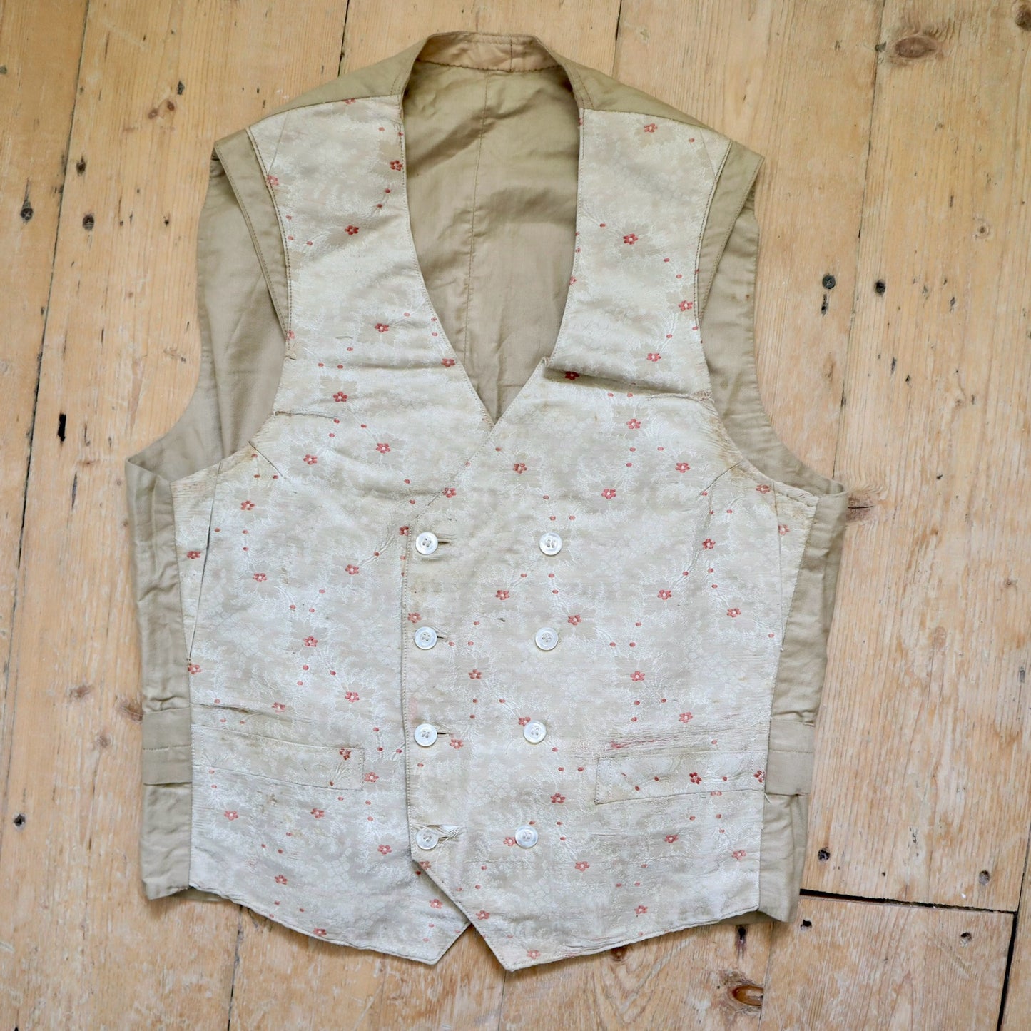 Antique  French Silk Waistcoat Double Breasted Buttons Oyster Floral Early 1900s