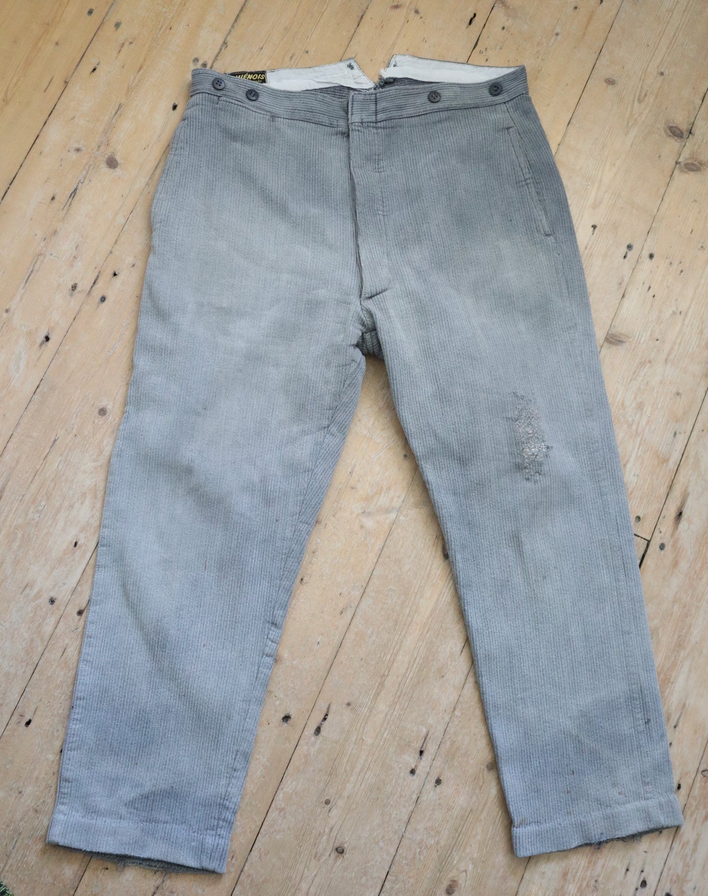 1940s 50s French Grey Workwear Trousers Pants Corduroy Darn Repairs L’Amienois