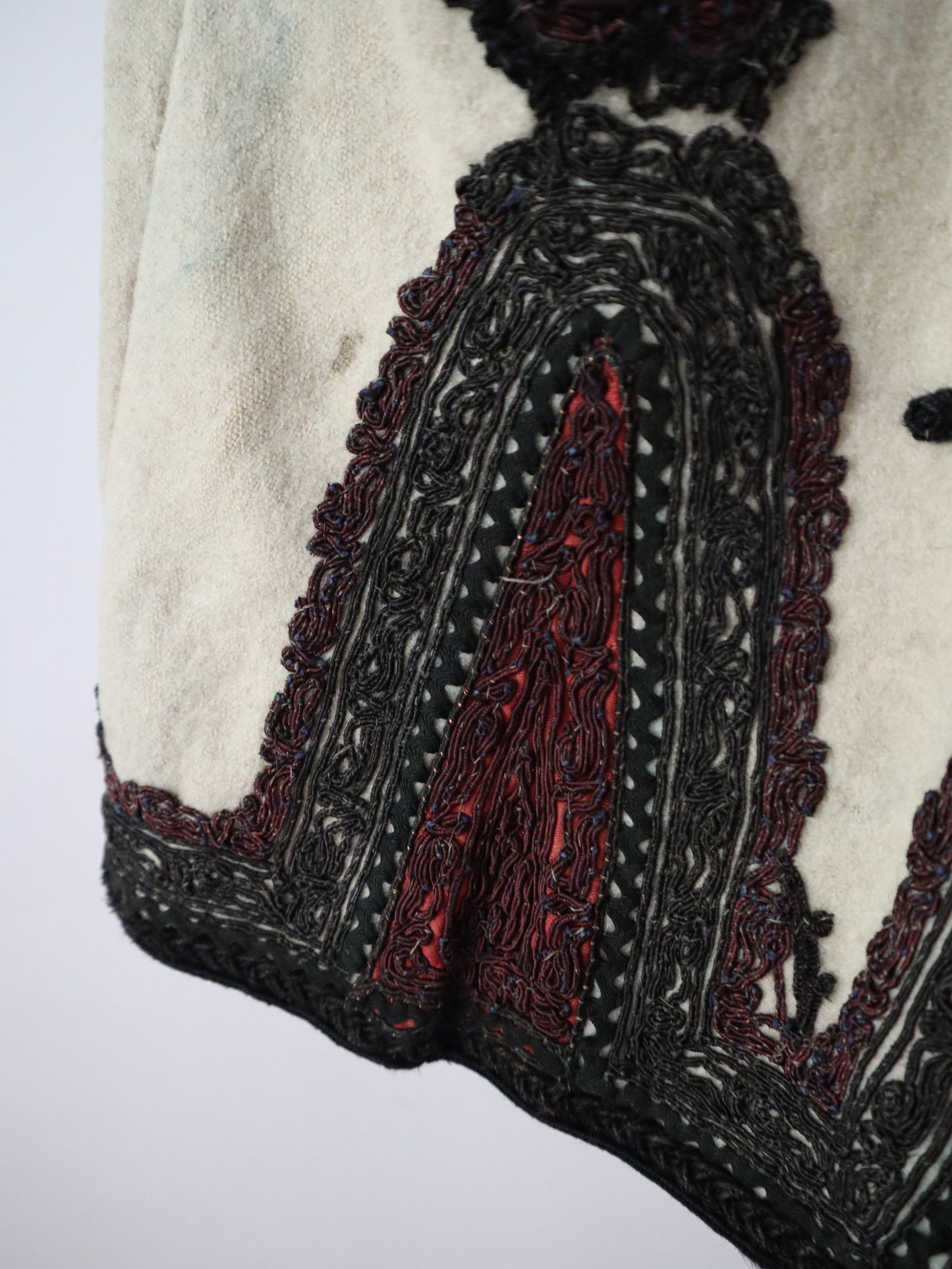 1920s 1930s Transylvanian folk waistcoat with black and burgundy soutache decoration