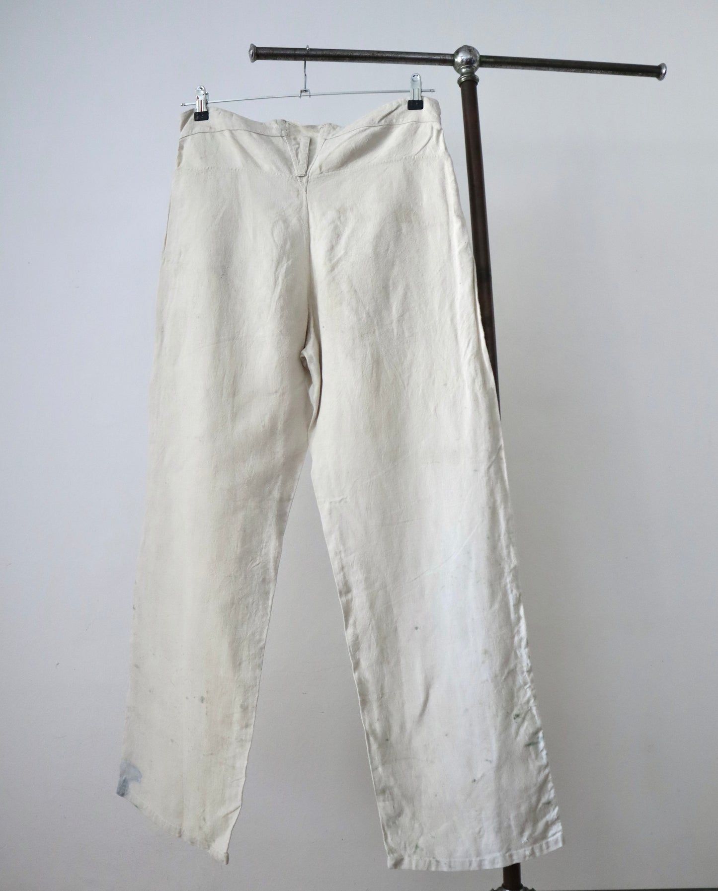 1920s French Linen Sailor Pants Trousers High Waist Bone Buttons Patina Paint