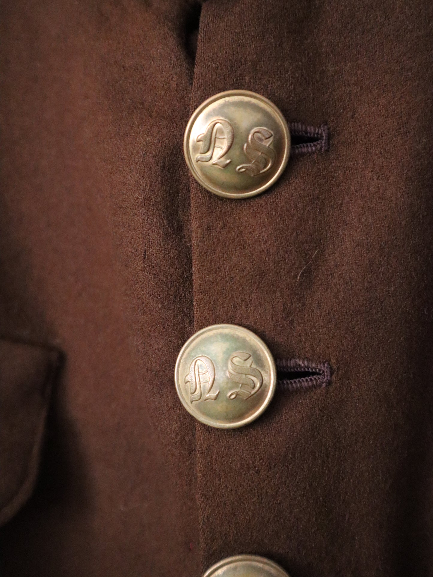 1910s French Theatre Costume Jacket Brown Wool Brass Embossed Buttons Military Style