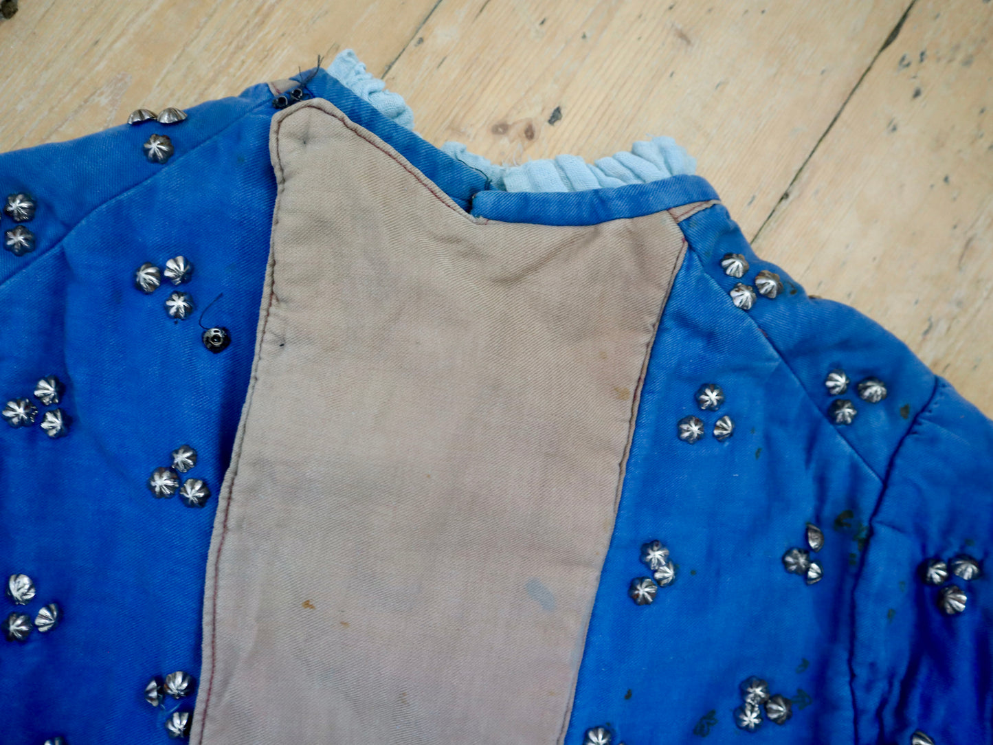 Antique French Opera Costume Tunic Renaissance Blue Studded Salmon Cotton Theatre Worn