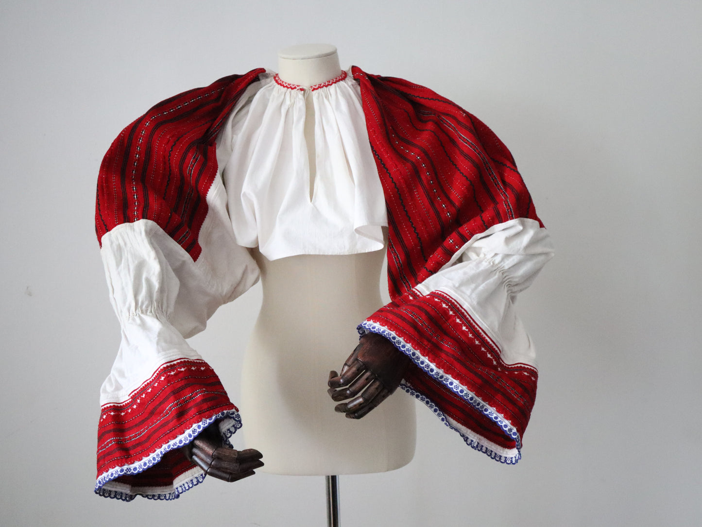 Croatian Folk Blouse – 1940s Croatia–Hungary Border – White Linen with Red, Black and White Woven Sleeves – Cropped Body