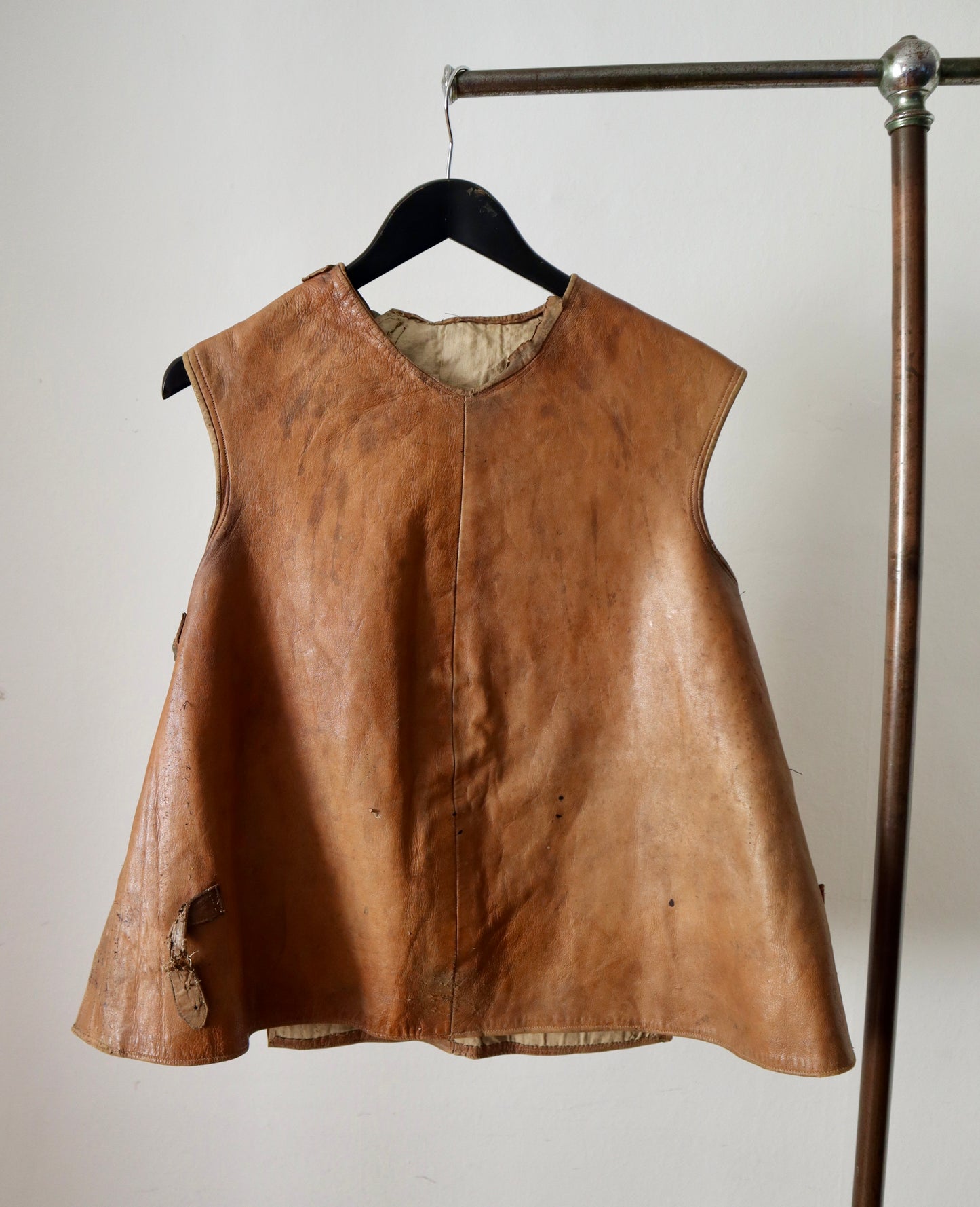 1910s French Tan Leather Gilet Tunic Buckles Patina Opera Theatre Costume BARABINO