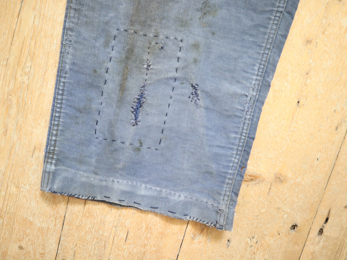 1950s French Le Salvetal Blue Moleskin Workwear Trousers Pants Repairs Darned Patched High Waist