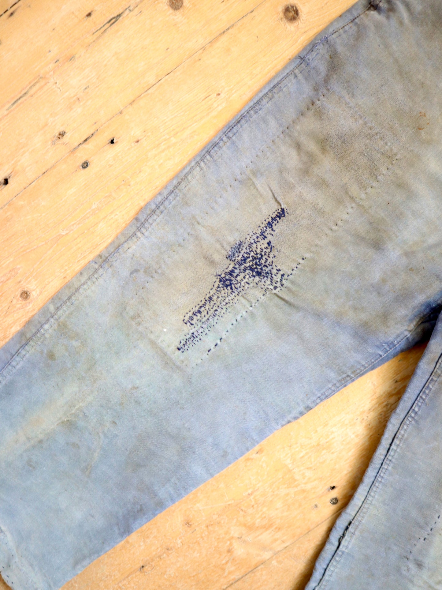 1940s - 50s French Le Salvetal Blue Moleskin Workwear Trousers Pants Repairs Darned High Waist