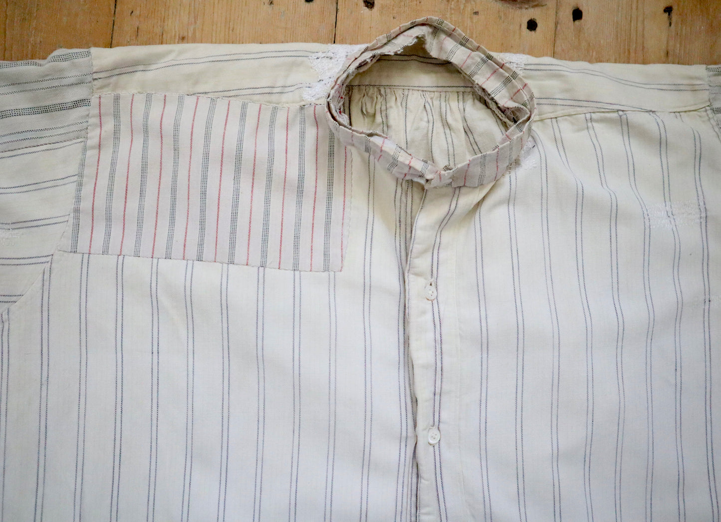 1930s French Workwear Shirt Patched Repaired Stripes Striped