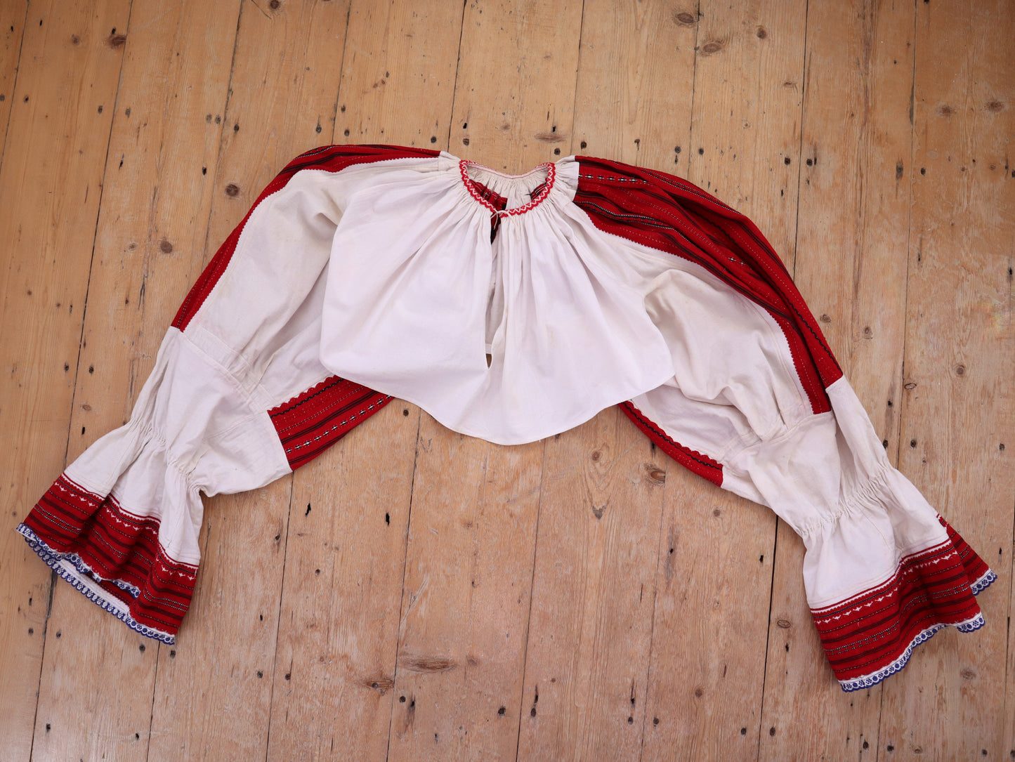 1940s Hungarian Croatian Folk Blouse Cropped Big Sleeves Red Woven Panels RARE