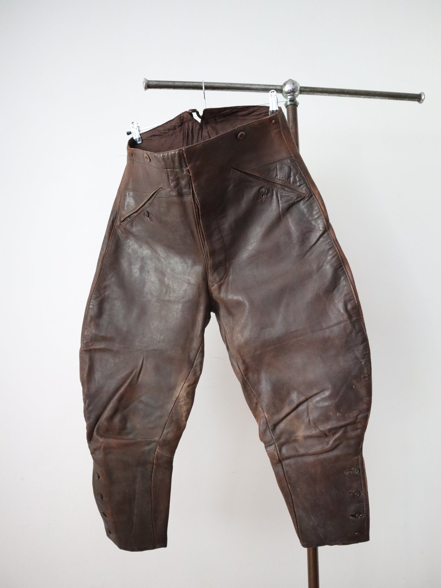 1920s - 30s French Brown Leather Breeches Pilot Trousers Pants High Waist Button Calves