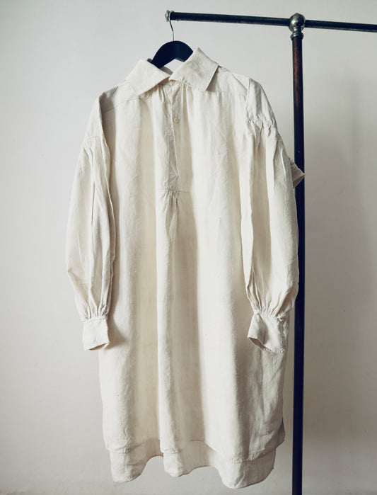 Antique 19th Century French Linen Smock Shirt Long Drop Shoulders Wide Collar Bone Buttons