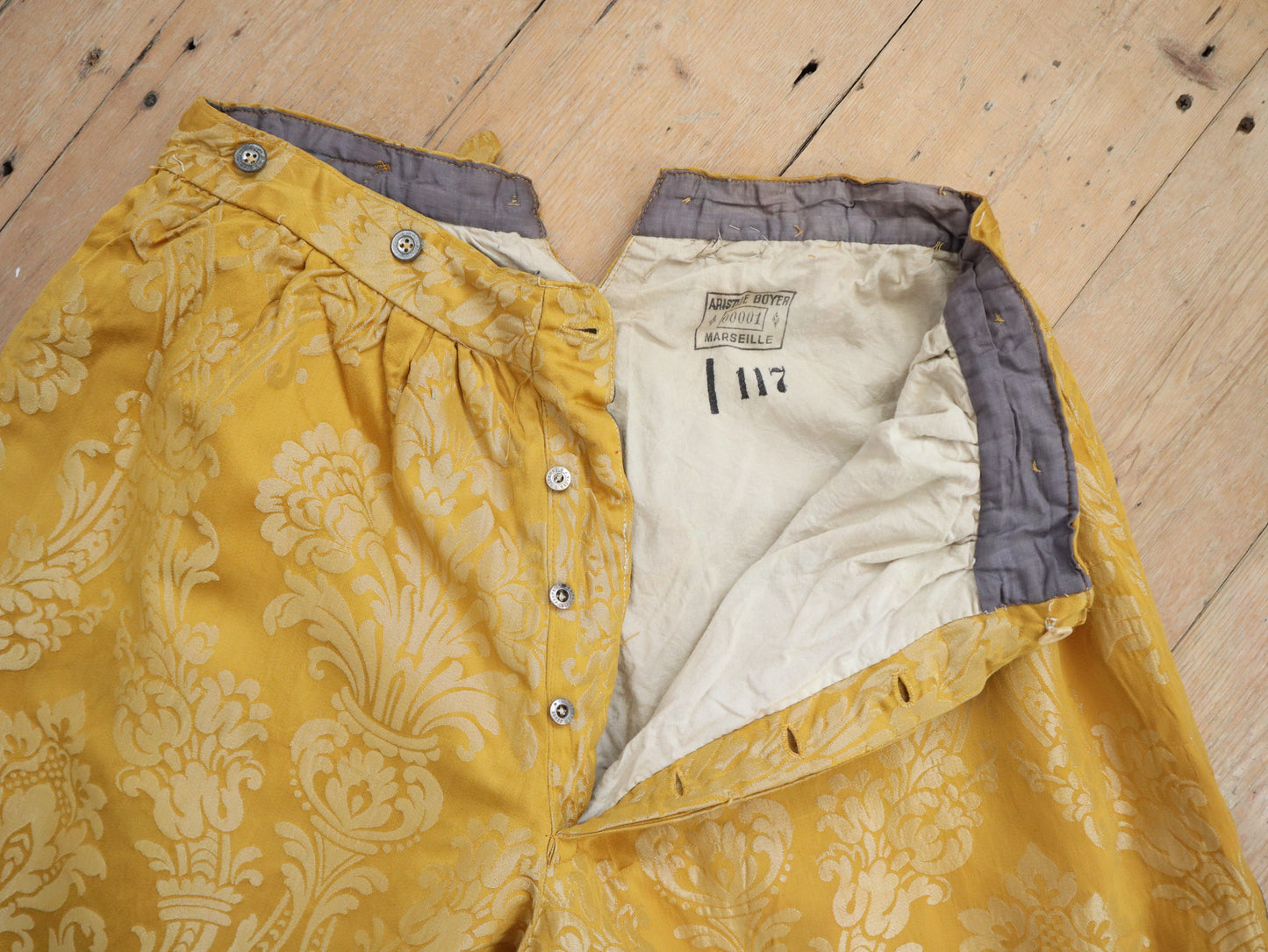 Antique French Golden Yellow Brocade Silk Breeches Pants Trousers Theatre Opera Costume