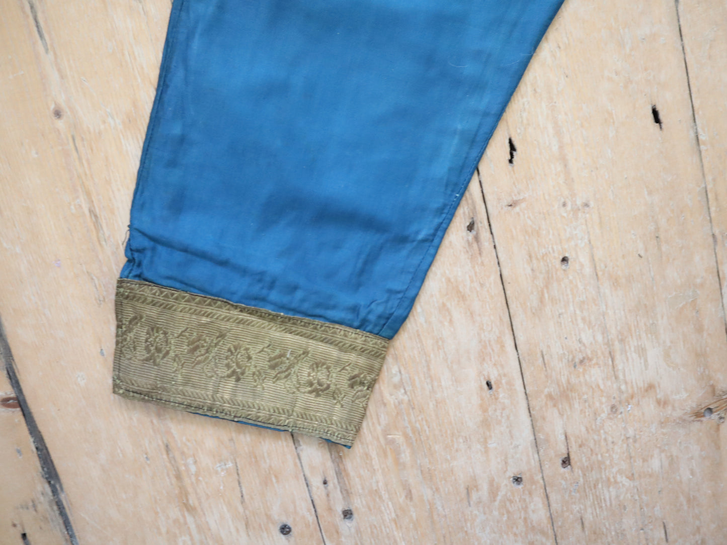 Antique early 1900s French Theatre Costume Trousers Pants Teal Blue Silk Cotton Gold Metal Ribbon Trim