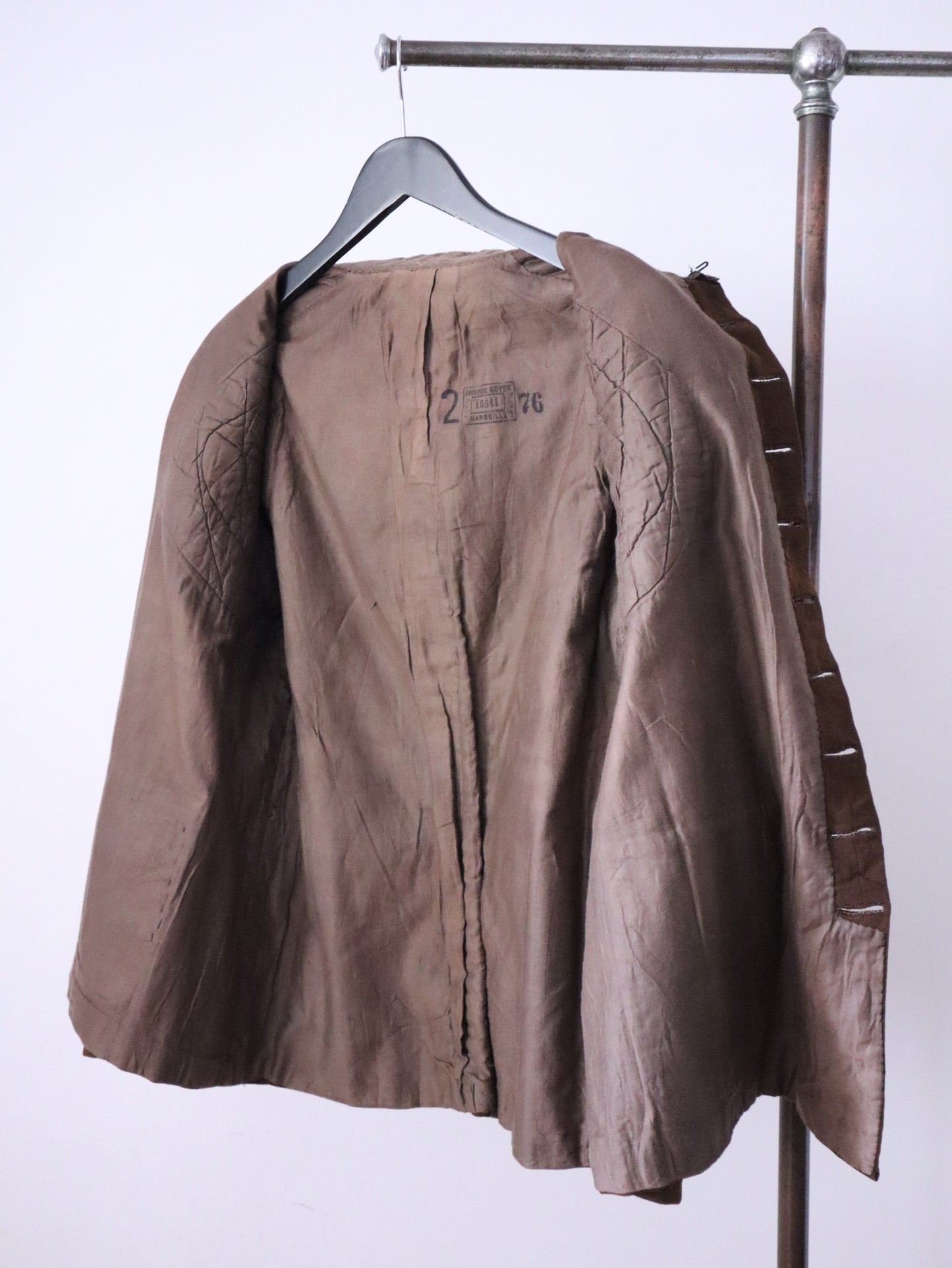 1910s French Theatre Costume Jacket Brown Wool Brass Embossed Buttons Military Style