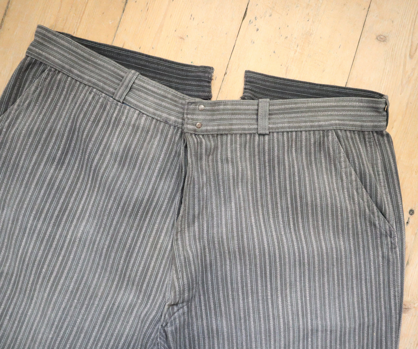 1950s French Grey Salt Pepper Stripe Cotton Chore Pants Workwear Trousers