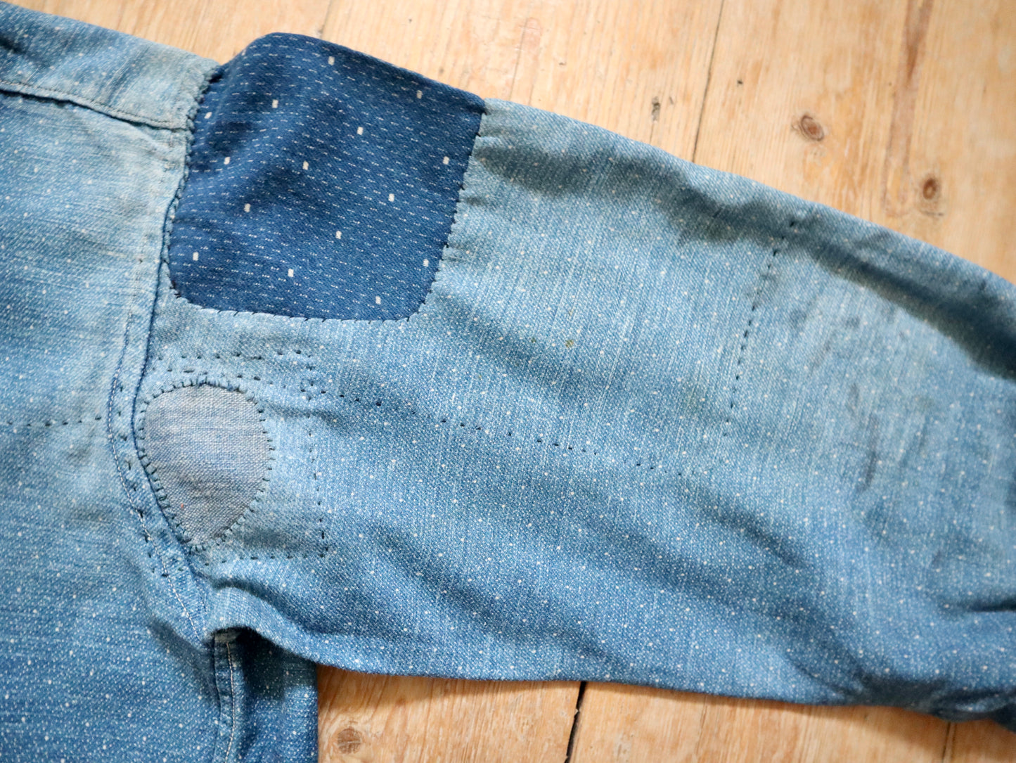 1920s French Blue Indigo Constellation Shirt Patched Repaired RARE Cotton Early Workwear Chore