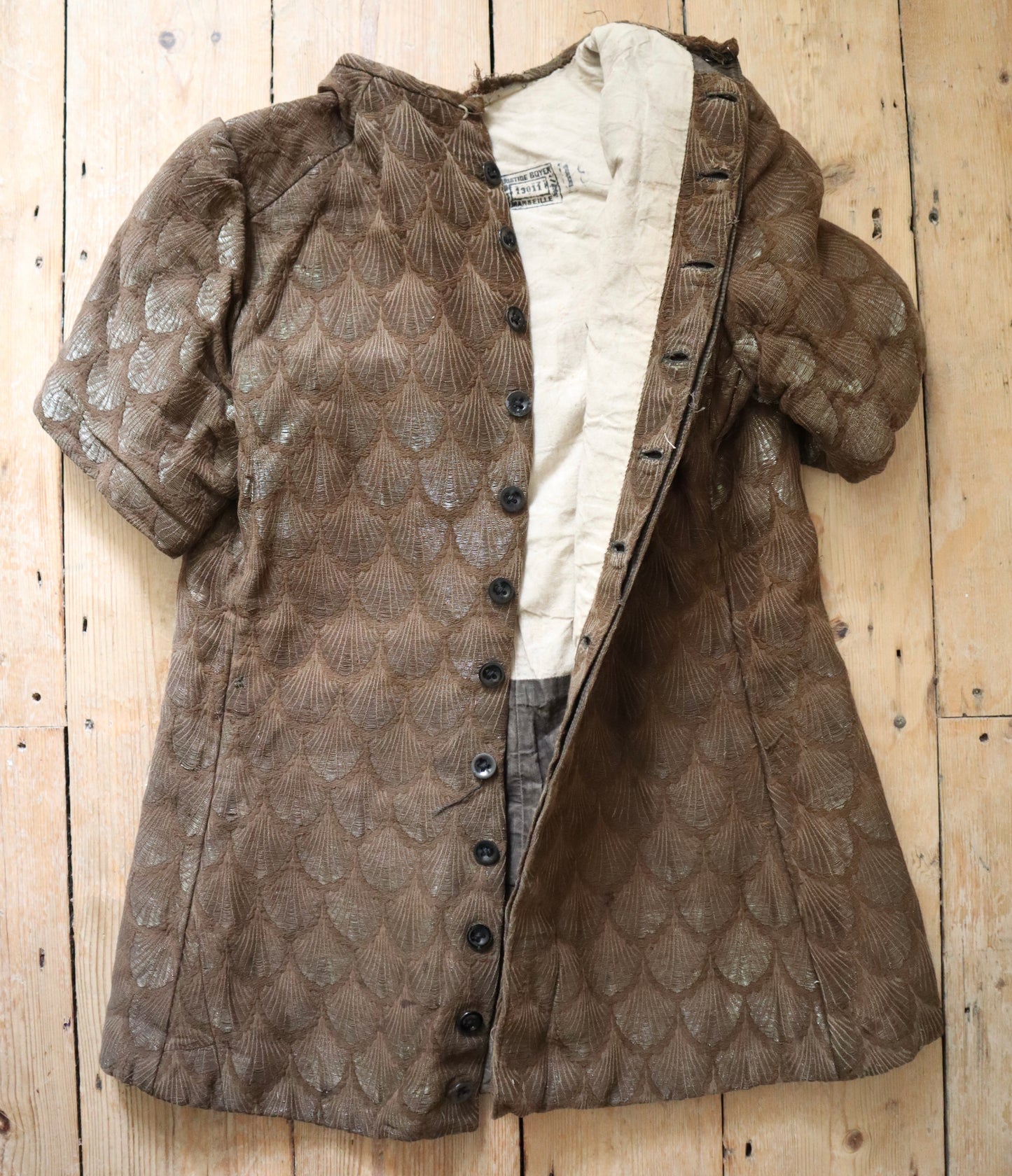 Early 1900s French Theatre Opera Costume Tunic Top Brown gold Metal Thread Scalloped Feathers Scales