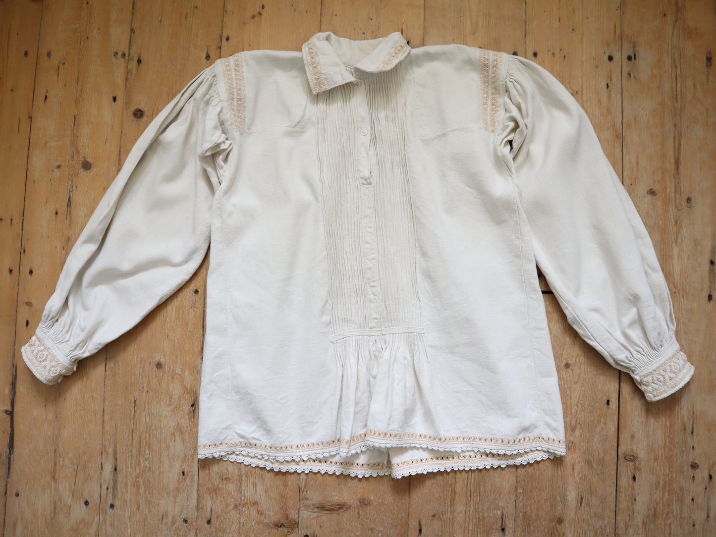 1930s Transylvanian Folk Blouse Shirt Weave Crochet Pleats Traditional Romanian Linen Eastern European