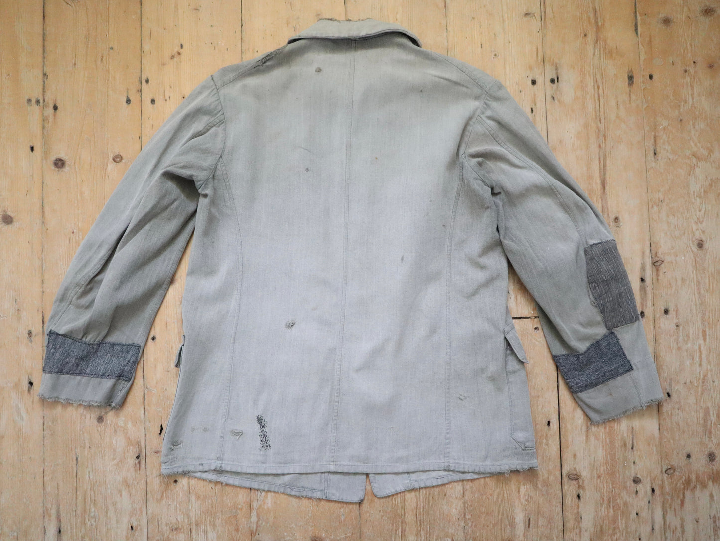 1930s French Grey Cotton Workwear Jacket Patched Repaired