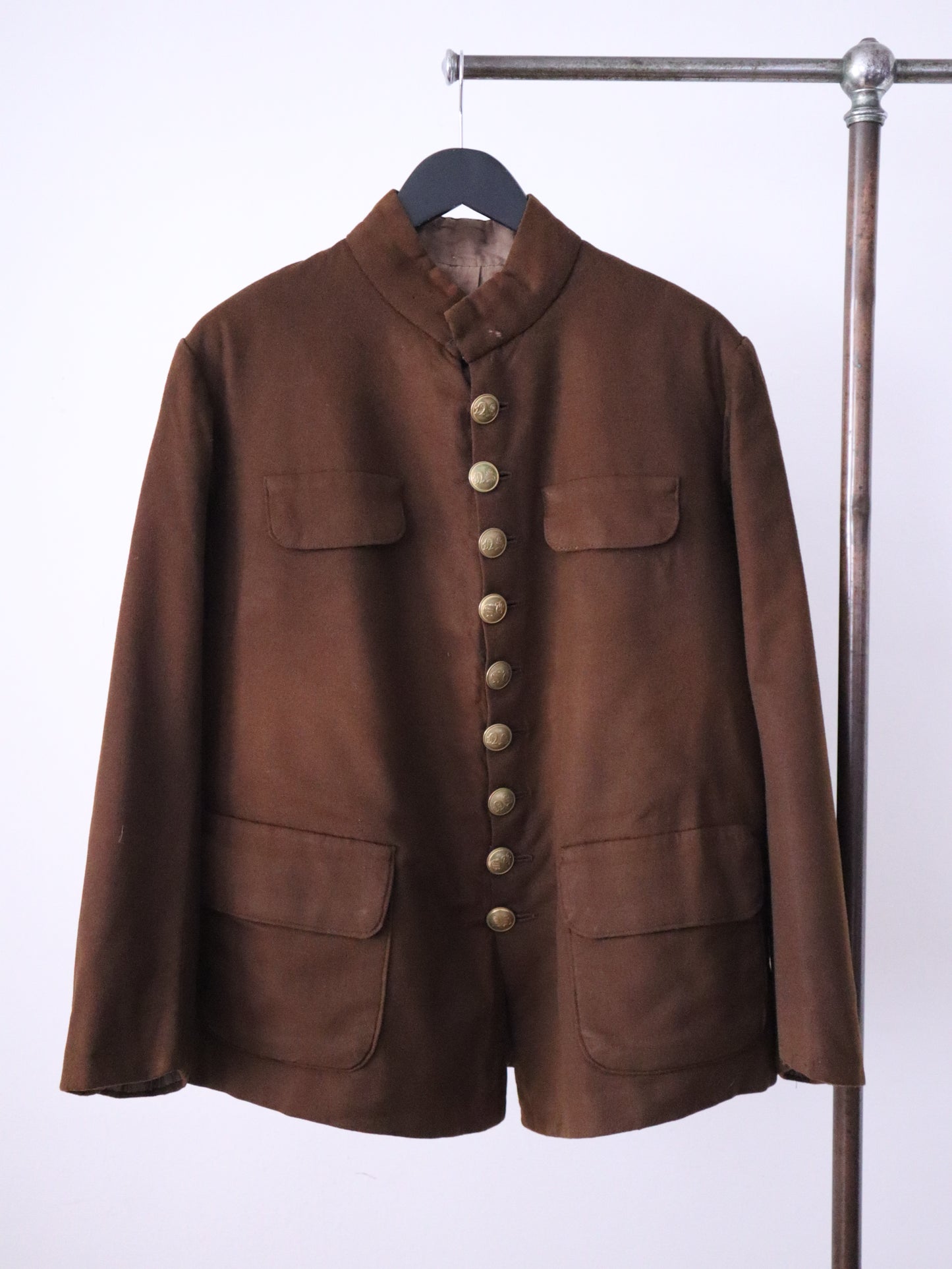 1910s French Theatre Costume Jacket Brown Wool Brass Embossed Buttons Military Style